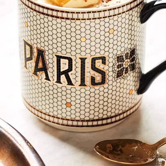 Anthropologie Bistro Tile Mug "PARIS" 24K Gold Decaled Glazed Stoneware New - Picture 3 of 4